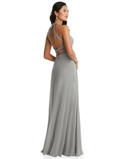 The Alluring Criss-cross Open Back Of This Lux Chiffon, Halter Maxi Dress Will Have You Turning Heads. A Modest Stand Collar And Modified Circle Skirt Complement This Dramatic Design. Shown In Chelsea Gray. Chelsea Gray, Wedding Bridesmaids Dresses Blue, Dessy Collection, Maxi Bridesmaid Dresses, Infinity Dress, Halter Maxi Dress, Bridal Party Dresses, Dress Order, Blue Bridesmaid Dresses