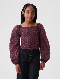 Soft cotton woven shirt.  Square neck.  Long puff sleeves with elasticized cuffs.  Assorted colors and prints.  Certain styles have eyelet allover.  Cropped, hits at the waist. Puff Sleeve Shirt, Brand Collaboration, Gender Equality, Support People, Burgundy Floral, Gap Kids, Long Puff Sleeves, Toddler Gifts, Cotton Weaving