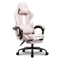 a pink office chair with white and black trimmings on the back, sitting in front of a white background