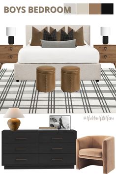 Teen or Tween boys bedroom decor mood board with masculine color scheme Brown Bed Boys Room, Boys Hunting Bedroom Ideas, Boys Bedroom Decor Ideas, Black Boy Room, Boy Room Bedding, Black And Grey Bedroom, Masculine Bedroom, Brown Rooms