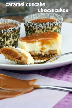 caramel cupcake cheesecakes on a white plate