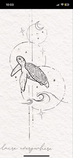 a drawing of a sea turtle with stars and moon in the sky above it, on white paper