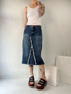 "- Vintage 90s Buick denim pencil skirt - Frayed hem - Taggged XL Waist: 30\" Length: 27\"" Casual Fitted Denim Skirt With Unfinished Hem, 90s Denim Bottoms With Frayed Hem, 90s Style Denim Blue Skirt For Summer, Vintage Fitted Denim Skirt With Frayed Hem, Fitted Vintage Denim Skirt With Frayed Hem, Vintage Denim Blue Skirt With Frayed Hem, Vintage Denim Skirt With Frayed Hem, 90s Denim Blue Denim Skirt For Spring, 90s Medium Wash Denim Skirt For Summer