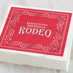 a red and white birthday card with the words sebastian's birthday rodeo on it