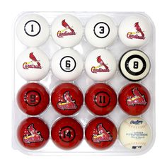 the st louis cardinals eight ball set is in its plastic case and includes 8 balls