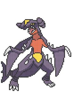 a pixellated image of a woman riding a dragon with an orange shirt and purple pants