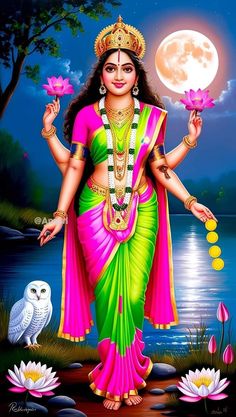 the hindu goddess is holding flowers in her hand and an owl sits on the ground next to her