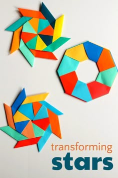 three different types of origami stars with the words transforming stars written below them