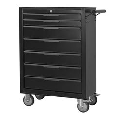 a black rolling cabinet with drawers on wheels