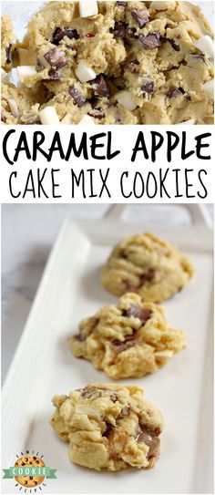 caramel apple cake mix cookies on a white platter with text overlay that says caramel apple cake mix cookies