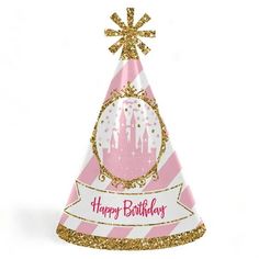 a pink and white birthday hat with gold glitter