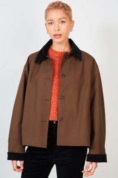 - Materials: 100% cotton- Thickness: Moderate- Sheerness: None- Stretch: Low- Lining: None- Care: Gentle wash cold and dry in shade Brown Cotton Outerwear With Padded Collar, Spring Cotton Outerwear With Contrast Collar, London Free, Collar Jacket, Dark Beige, Buy Now Pay Later, Parka, Dark Brown, Trousers