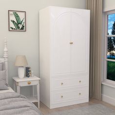 a bedroom scene with focus on the white armoire and bed in the foreground