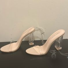 Never Worn Clear Strappy Heel Spring Heels With Clear Strap And Round Toe, Synthetic Closed Toe Heels With Clear Strap, Synthetic Heels With Clear Strap And Closed Toe, Spring Heels With Clear Strap, Spring Synthetic Heels With Clear Strap, Clear Strap Heels, Public Desire Shoes, Public Desire, Clear Heels