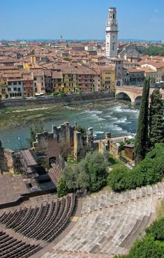 an aerial view of the city and river