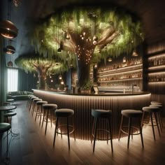 a bar with several stools in front of it and a tree hanging from the ceiling