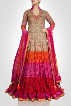 This beige color lehenga is in anarkali suit style. This lehenga is full of flairs. Bottom parts of flairs are in three colors ie orange, majenta and red color giving it sizzling look. All part of lehenga is embroidered with thread work. This lehenga is made on net fabric. Made to order Beige Anarkali Gown With Sheer Dupatta, Beige Semi-stitched Anarkali Choli, Beige Anarkali Semi-stitched Choli, Anarkali Style Long Lehenga With Resham Embroidery, Bollywood Style Beige Gown For Designer Wear, Bollywood Style Designer Gown In Beige, Bollywood Beige Gown With Sheer Dupatta, Beige Bollywood Gown With Sheer Dupatta, Multicolor Gown With Sheer Dupatta For Designer Wear