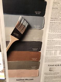 an advertisement for sherylin - williams paints and paintbrushes in color swatches