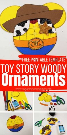 the toy story woody ornament is made out of construction paper, scissors and glue