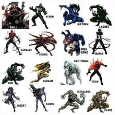 an image of different types of spider man and their names in the style of cartoon characters