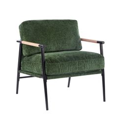 a green velvet chair with wooden arms and arm rests on a black metal frame, against a white background