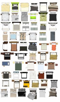 a bunch of different types of beds and pillows