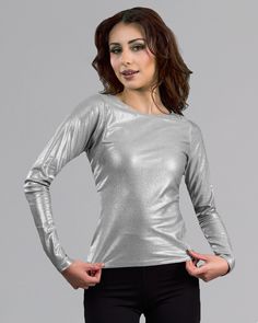 "This beautiful metallic long sleeve top is sure to dazzle where ever you choose to wear it, perfect for a night out or to top off a pair of jeans. Polyester /spandex stretch metallic fabric, romantic, fitted style High quality construction; Made in the USA providing jobs for American workers please order size according to bust measurement; X-Small -31-32\" Small 33-34\" Medium 35-36\" Large 37-38\" X-Large 39-40\" Machine wash inside out hang to dry do not dry clean  Model is 5' 7\" weighs 120 lbs and is wearing a size X-small;" Racerback Top, Metallic Fabric, Henley Top, Gold Rhinestone, Style Expert, Long Sleeve Top, Womens Clothing Tops, Polyester Spandex, Fitness Fashion