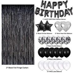 black foil fringe curtain and balloons for a birthday party