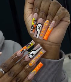 Orange Kaws Nails, Long Acrylic Nails Square, Nails Design Orange, Raw Nails, Kaws Nails, Acrylic Nails Square, Orange Acrylic Nails, Makeup Morphe