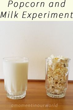 two glasses filled with popcorn and milk next to each other