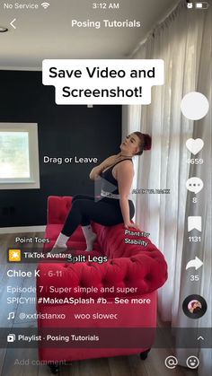 a woman sitting on top of a red couch in front of a window with the caption save video and screenshot