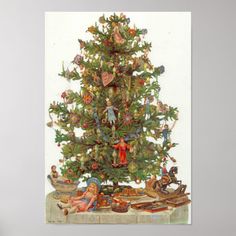 an old fashioned christmas tree with angels and other ornaments on it's base, in front of a white background