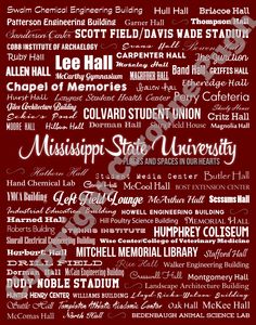 the mississippi state university campus map in red and white, with words written across it