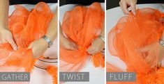 three pictures showing how to tie an orange tulle