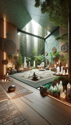 a room filled with lots of lit candles and plants on the floor in front of large windows