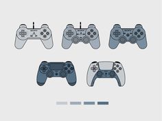 four video game controllers are shown in three different colors