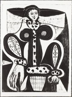 a black and white drawing of a woman holding a vase