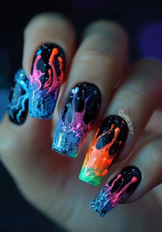 Neon Nails Designs, Tye Dye Nails, Neon Tips, Cosmic Nails, Disney Acrylic Nails, Purple Glitter Nails, Fruit Nail Art, Trendy Nail Designs