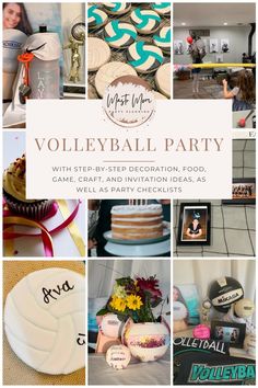 a collage of photos with the words volleyball party written on them