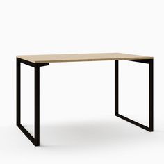 a wooden table with black metal legs