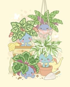 an illustration of some plants in pots and other things on the ground next to each other