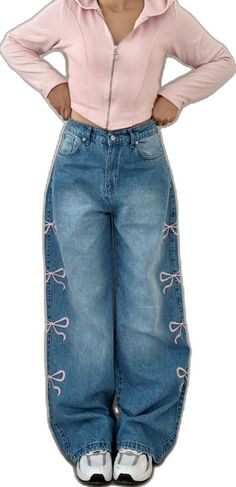 Trendy Spring Bottoms With Bow Detail, Jean Trousers, Jean Vintage, Bow Pattern, Cooler Look, Tie Bow, Pink Tie, Pink Ties, Womens Jeans