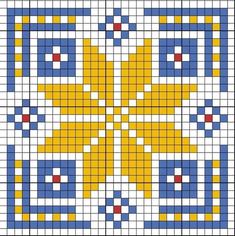 a cross stitch pattern with blue and yellow squares in the shape of an abstract flower