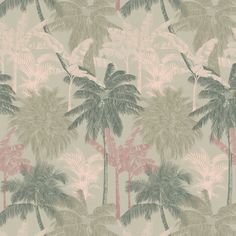 a palm tree wallpaper with pink and green leaves in the background on a neutral color scheme