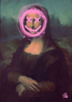 a painting of a woman with a smiley face on it's head and the words x is for x in front of her face