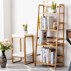 4 Tier Ladder Shelf Bamboo Plant Stand Flower Pots Rack Display Holder - Bestoutdor Bookcase Ladder, Bamboo Ladders, Furnitur Ruang Keluarga, Bamboo Shelf, Furniture Packages, Bedroom Plants, Storage Stand, Ladder Shelf, Bamboo Plants