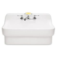 a white sink with two faucets on the front and side, against a white background