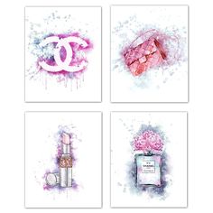 four chanel pictures with pink and white designs on them, all in different colors