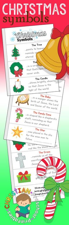 a christmas story book with bells and candy canes on the page, which is filled with