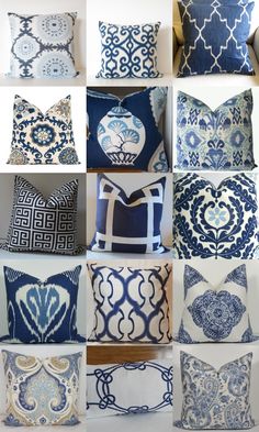 blue and white pillows with different designs on them